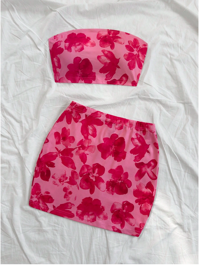 Set top & falda rosa estampado floral - 5891