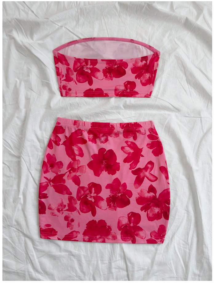 Set top & falda rosa estampado floral - 5891