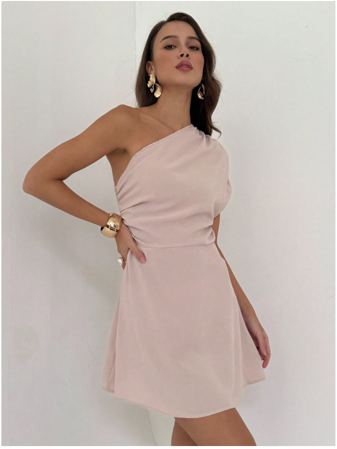 Vestido albaricoque drapeado un hombro - 5892