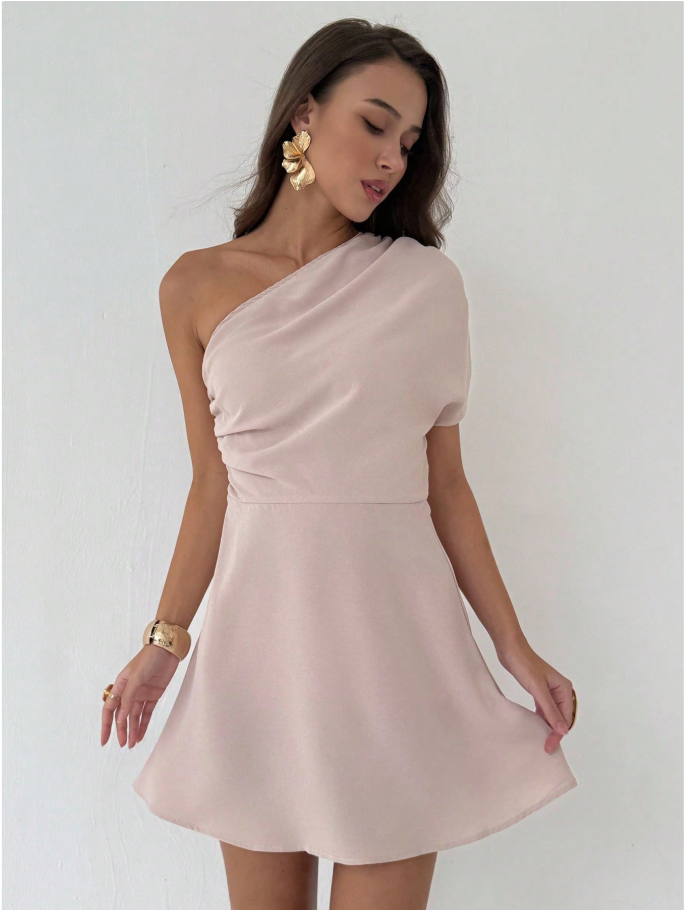 Vestido albaricoque drapeado un hombro - 5892