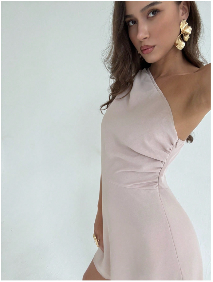 Vestido albaricoque drapeado un hombro - 5892