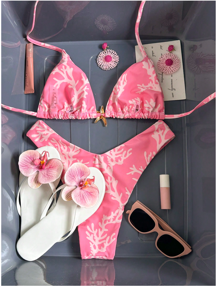 Traje de baño dos piezas rosa con estampado & estrella de mar - 5897