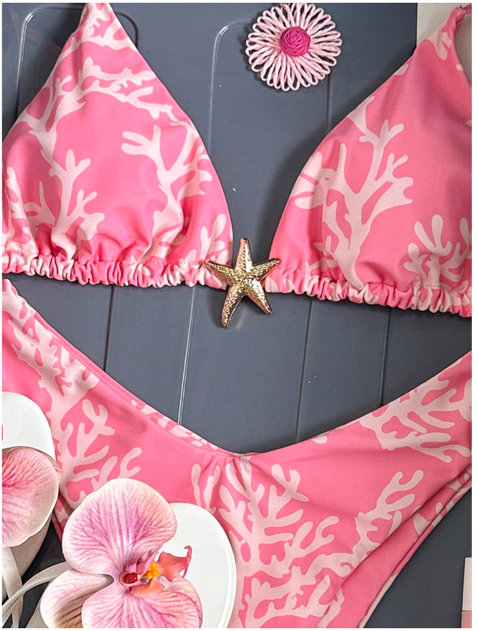Traje de baño dos piezas rosa con estampado & estrella de mar - 5897