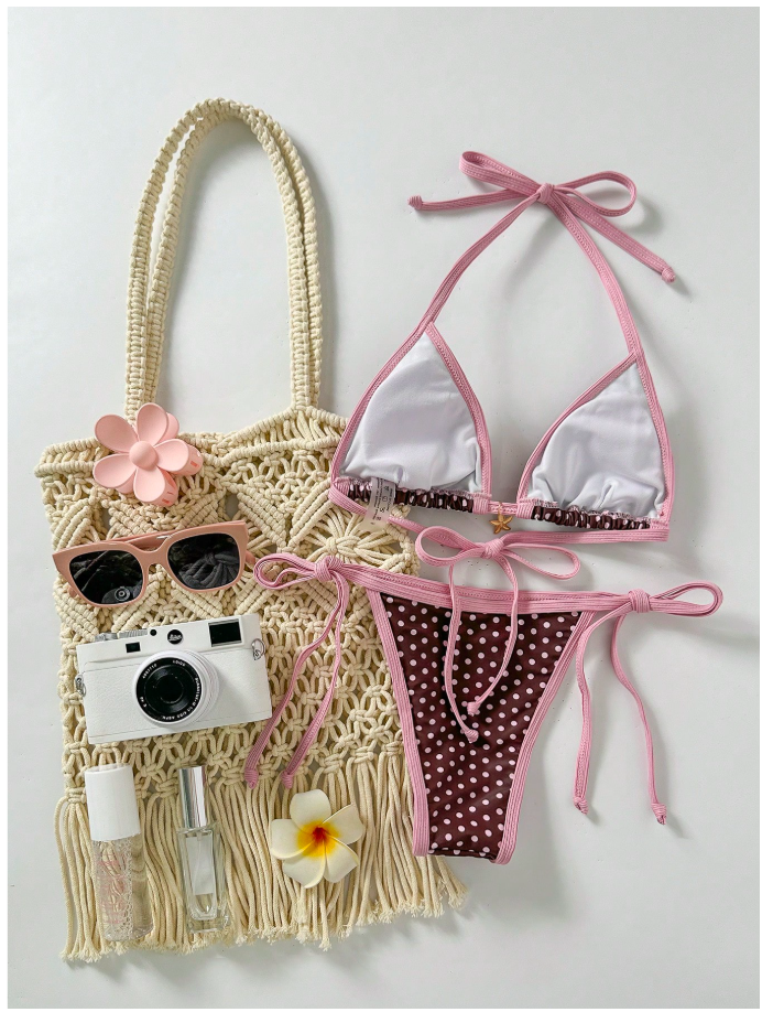 Traje de baño dos piezas marron con lunares bordes rosa - 5898