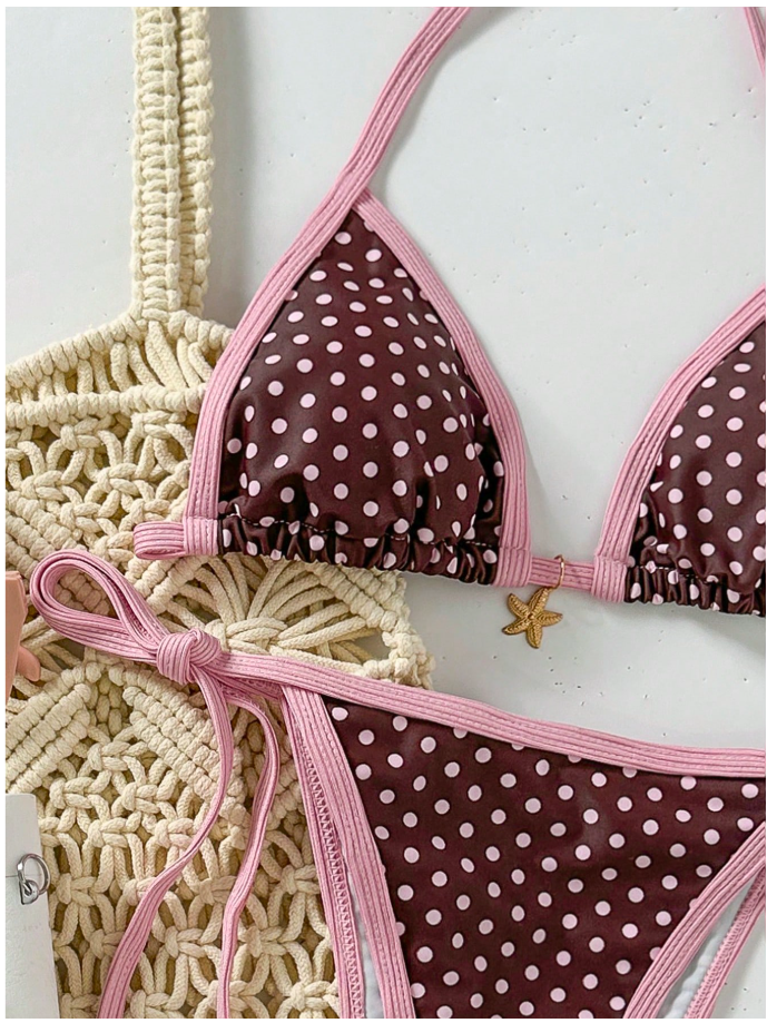 Traje de baño dos piezas marron con lunares bordes rosa - 5898