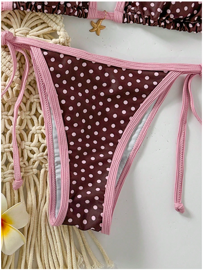Traje de baño dos piezas marron con lunares bordes rosa - 5898