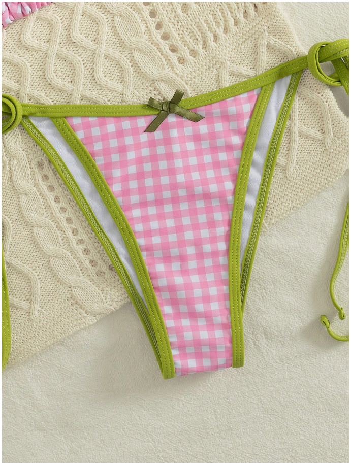 Traje de baño dos piezas cuadros rosa bordes verdes - 5900