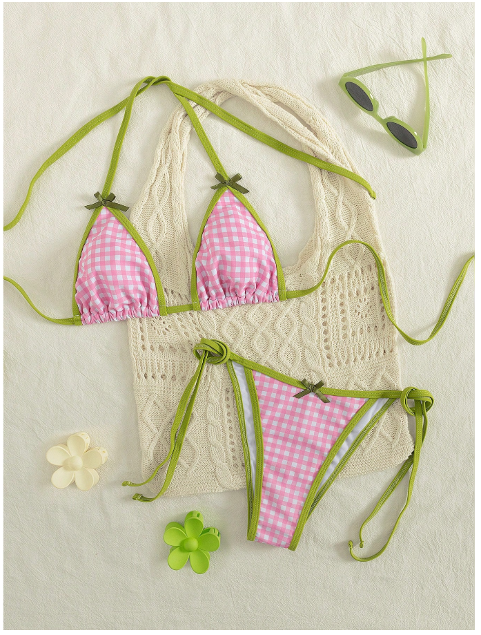 Traje de baño dos piezas cuadros rosa bordes verdes - 5900