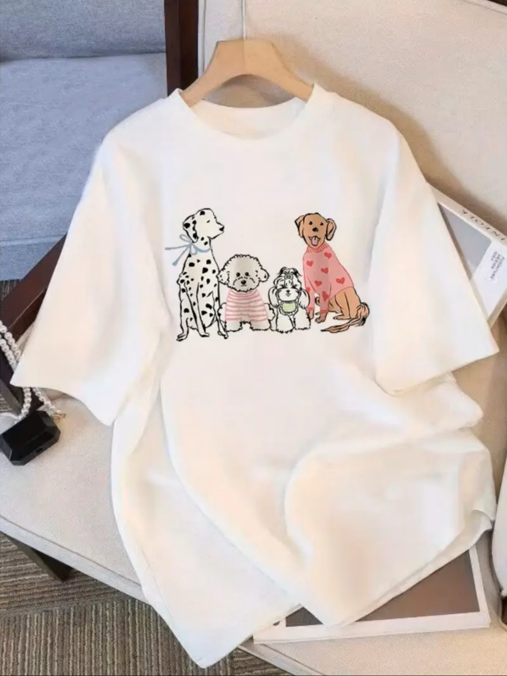 Camisa blanca 100% algodón estampada perritos oversize - 5908