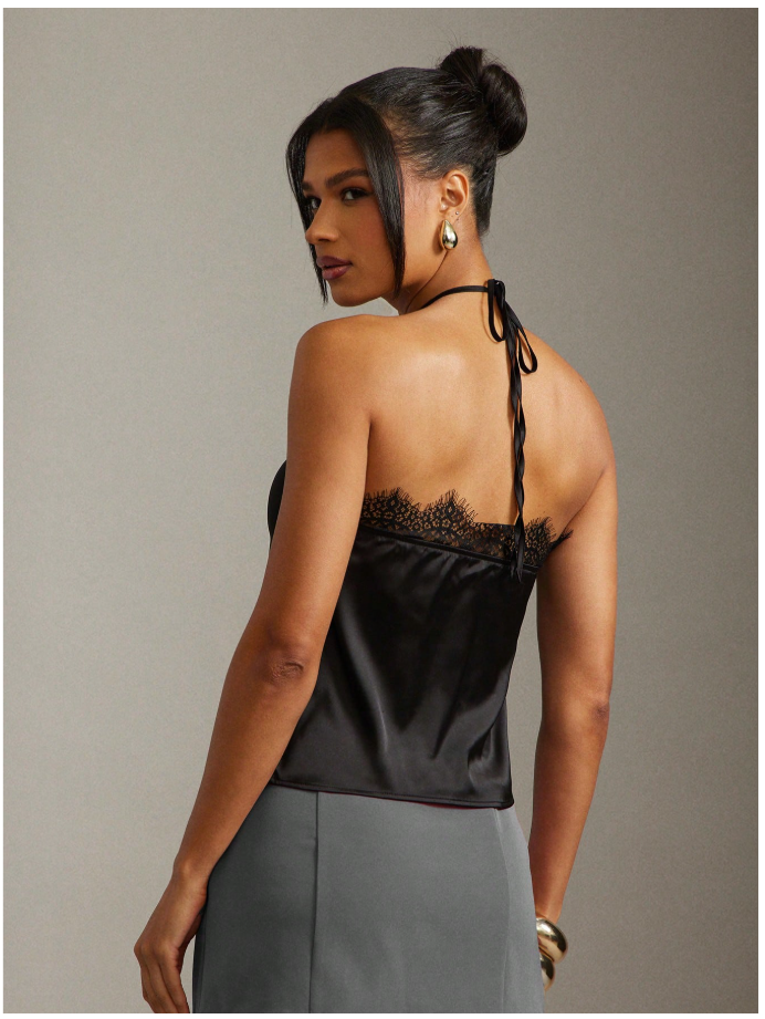 Crop top negro de saten halter con encaje - 5922