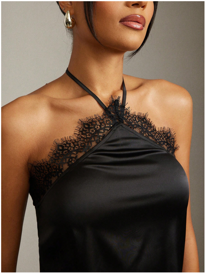 Crop top negro de saten halter con encaje - 5922