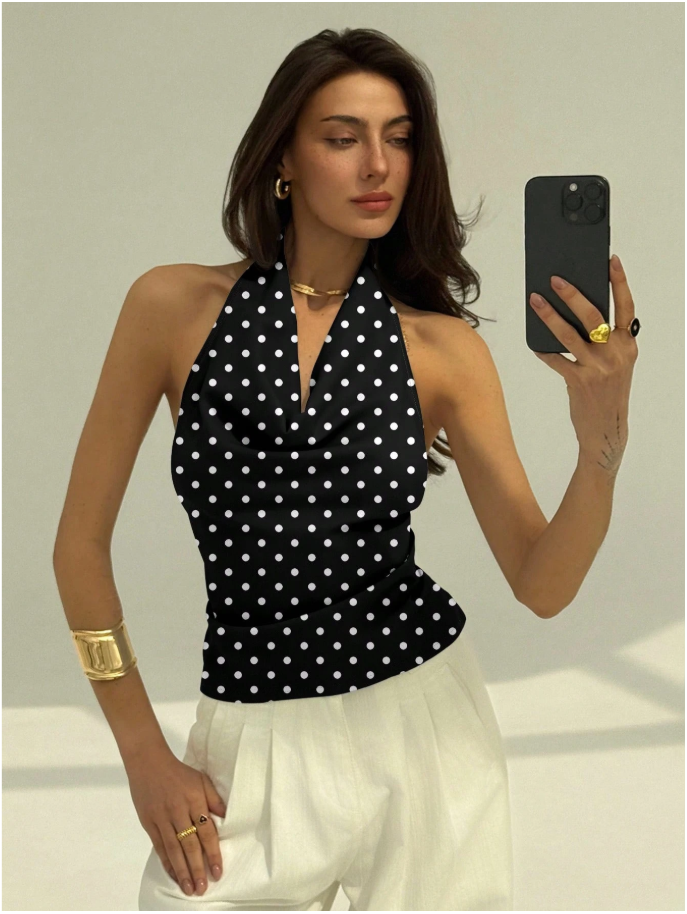 Crop top negro halter con lunares blancos - 5923
