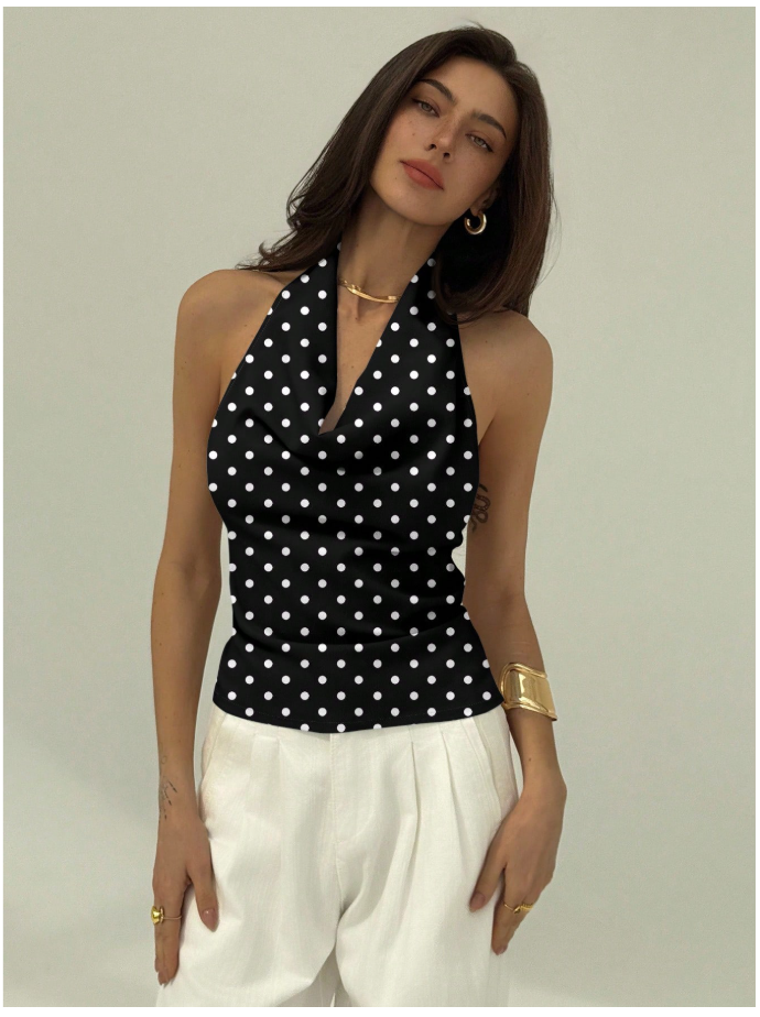Crop top negro halter con lunares blancos - 5923
