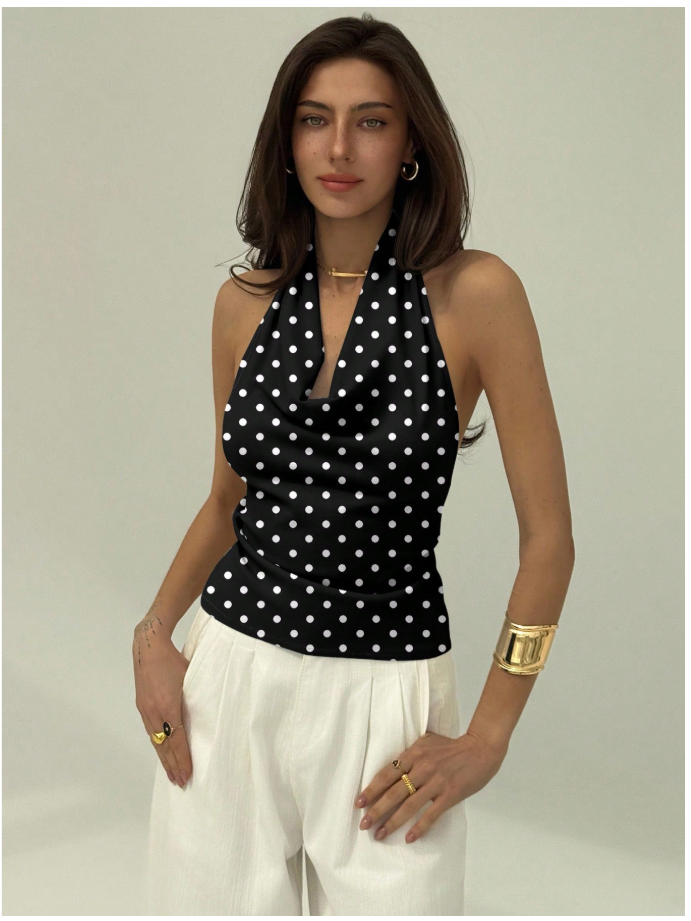Crop top negro halter con lunares blancos - 5923
