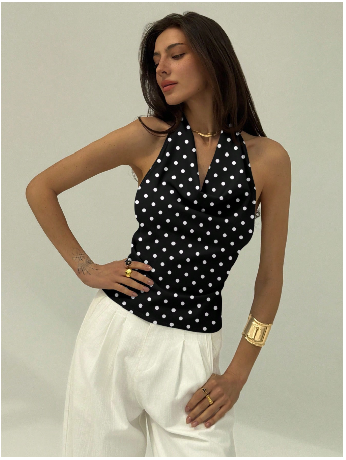 Crop top negro halter con lunares blancos - 5923