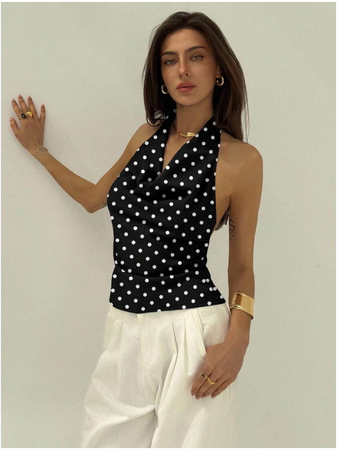 Crop top negro halter con lunares blancos - 5923