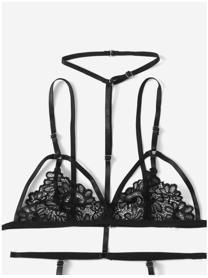 Lenceria negra dos piezas con ligas & tira en cuello - 5926
