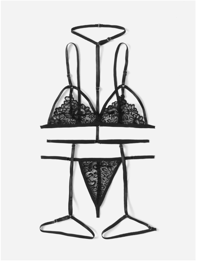 Lenceria negra dos piezas con ligas & tira en cuello - 5926