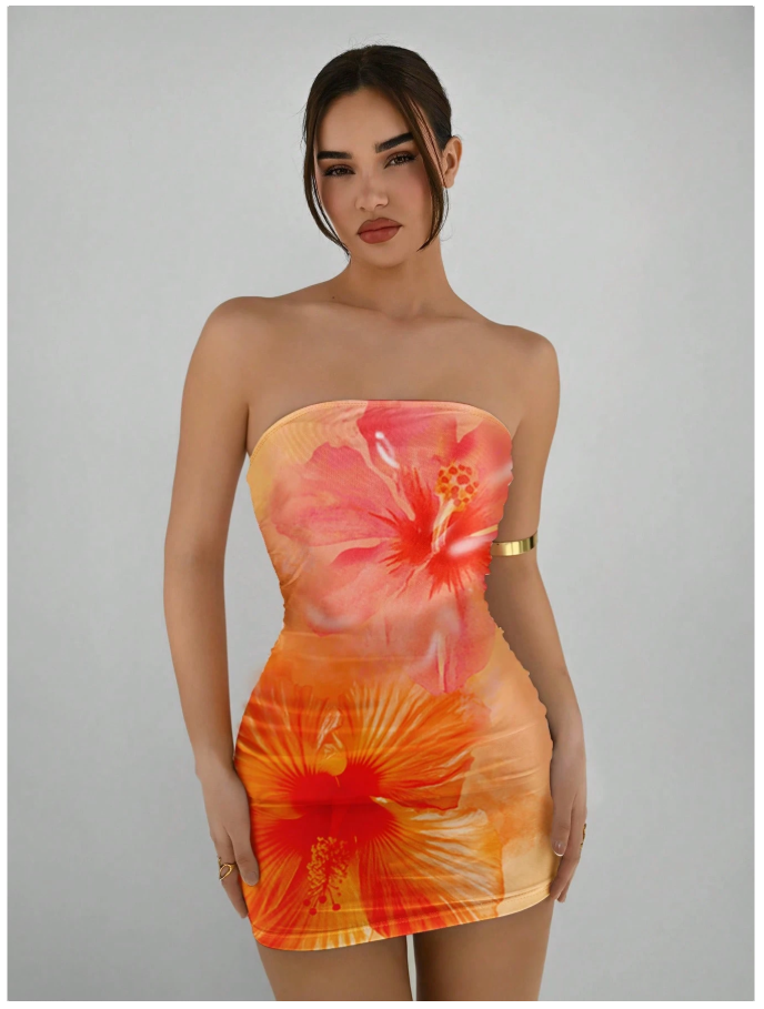 Vestido corto naranja estampado flores grandes - 5927