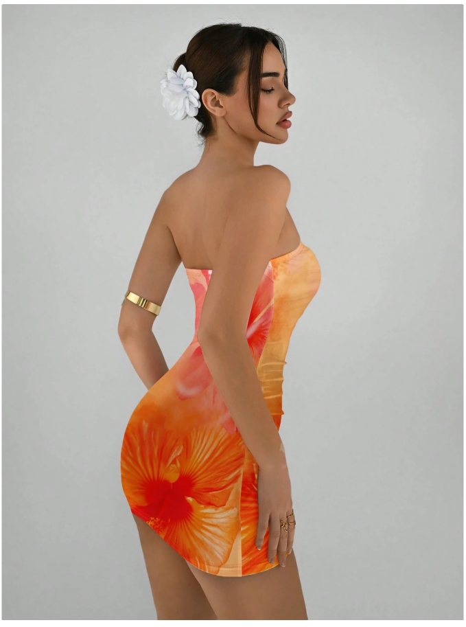 Vestido corto naranja estampado flores grandes - 5927