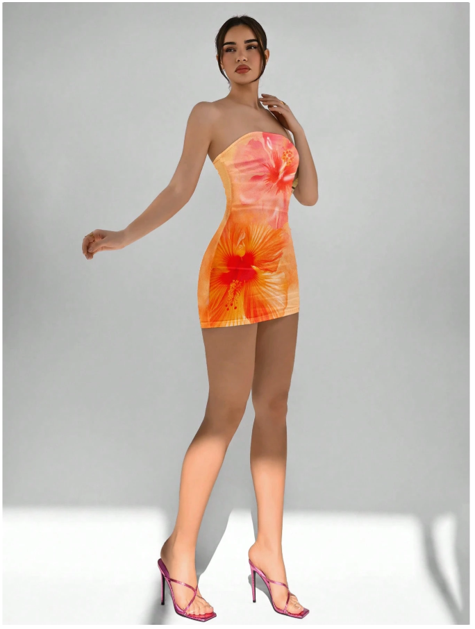 Vestido corto naranja estampado flores grandes - 5927