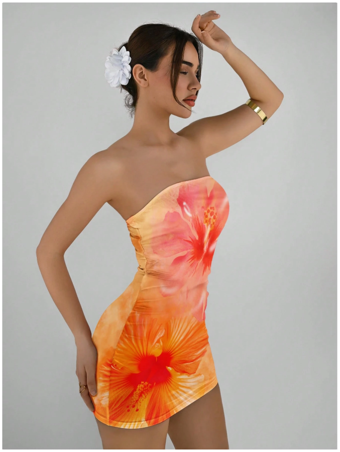 Vestido corto naranja estampado flores grandes - 5927