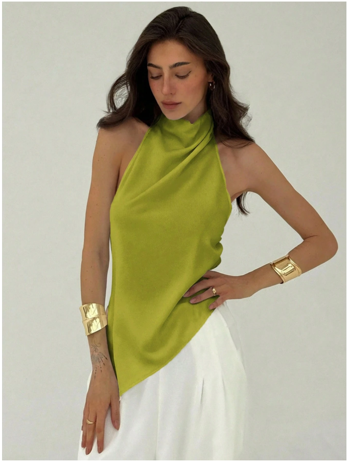 Camisa verde cuello halter alto & corte bajo asimétrico - 5929