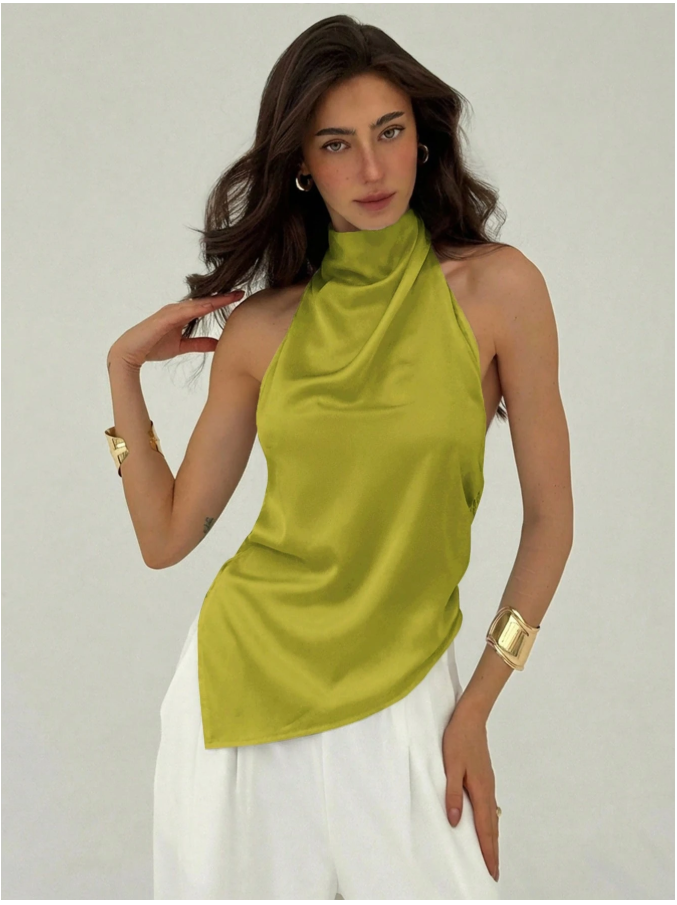 Camisa verde cuello halter alto & corte bajo asimétrico - 5929