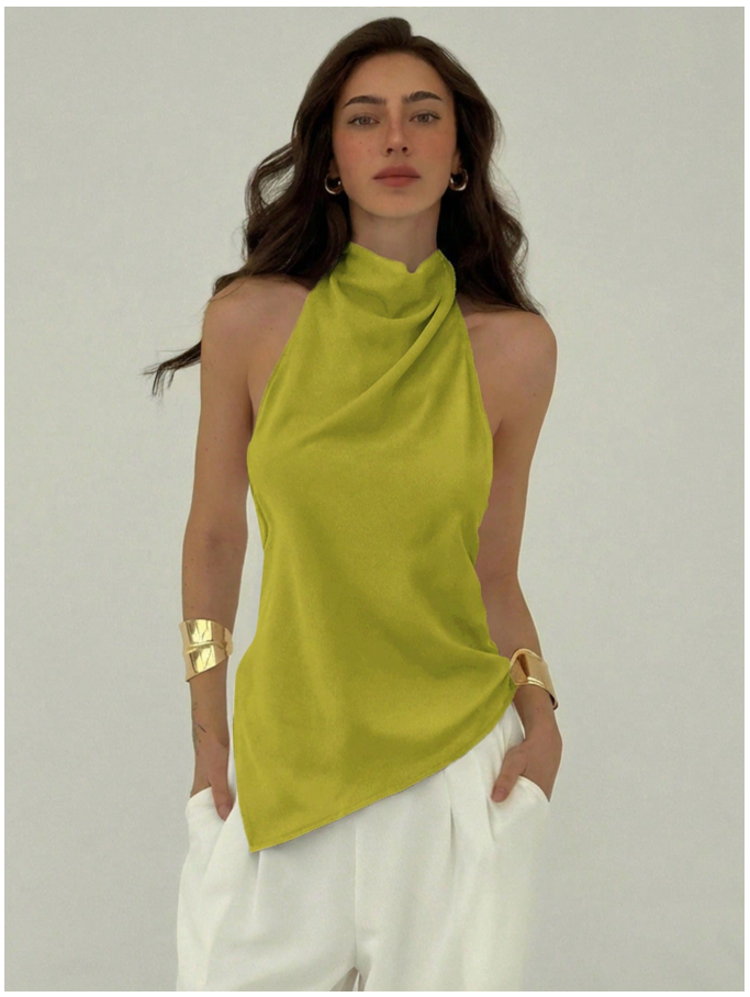 Camisa verde cuello halter alto & corte bajo asimétrico - 5929