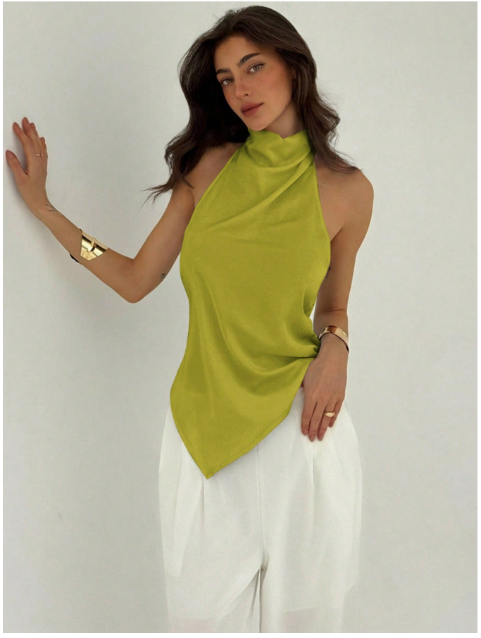 Camisa verde cuello halter alto & corte bajo asimétrico - 5929
