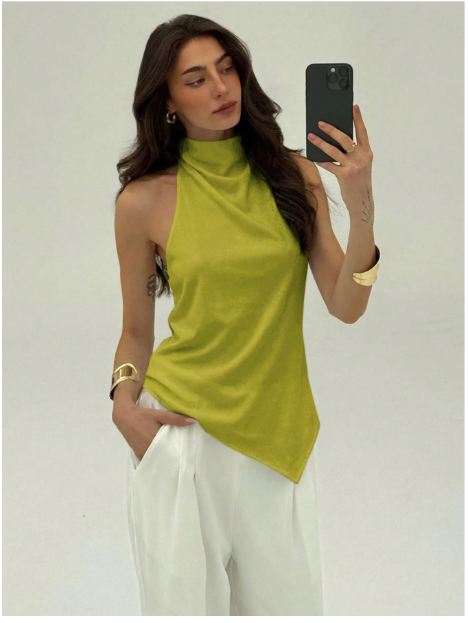 Camisa verde cuello halter alto & corte bajo asimétrico - 5929