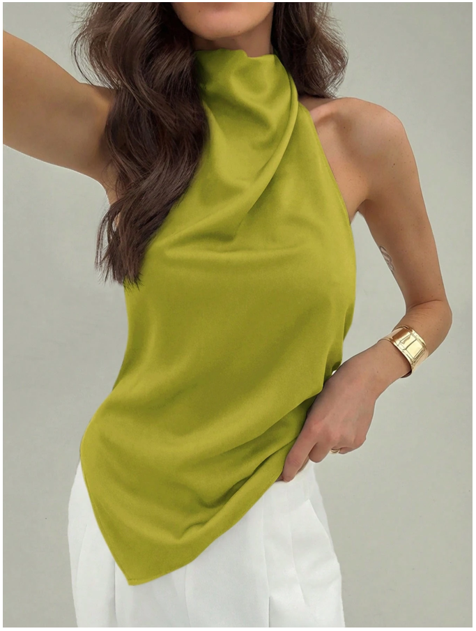 Camisa verde cuello halter alto & corte bajo asimétrico - 5929