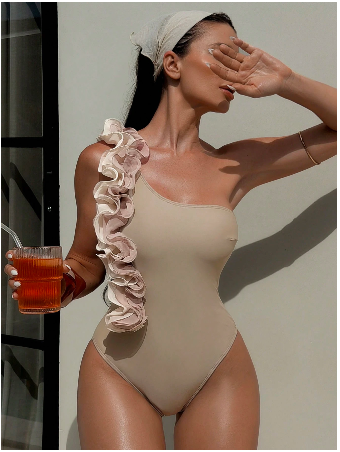 Traje de baño caqui una pieza con volantes - 5932