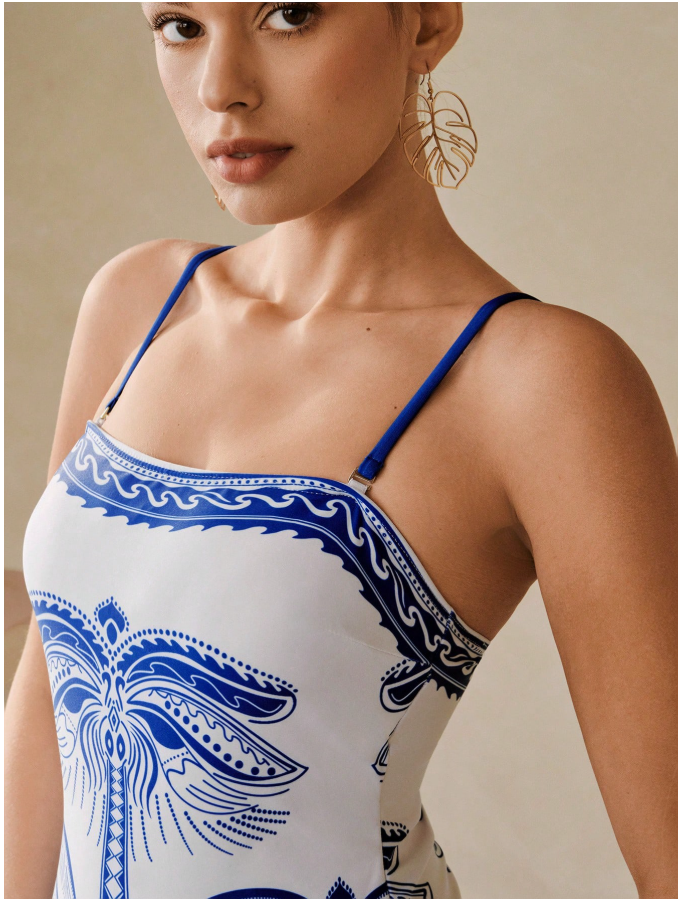 Traje de baño blanco una pieza estampados azules & pareo - 5933