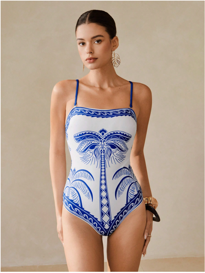 Traje de baño blanco una pieza estampados azules & pareo - 5933