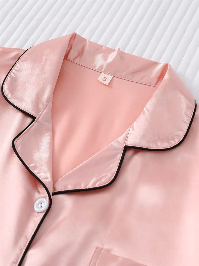 Pijama rosa de saten lazo negro - 5935