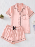 Pijama rosa de saten lazo negro - 5935