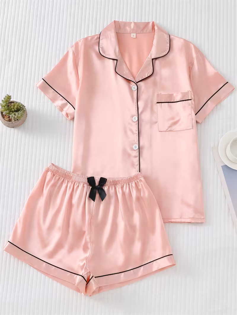 Pijama rosa de saten lazo negro - 5935