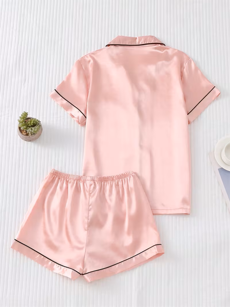 Pijama rosa de saten lazo negro - 5935