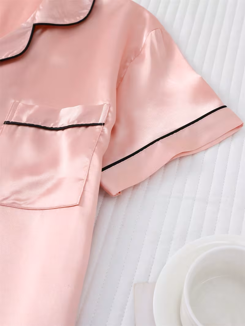 Pijama rosa de saten lazo negro - 5935