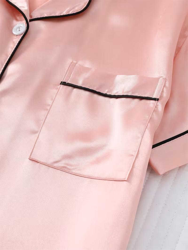 Pijama rosa de saten lazo negro - 5935