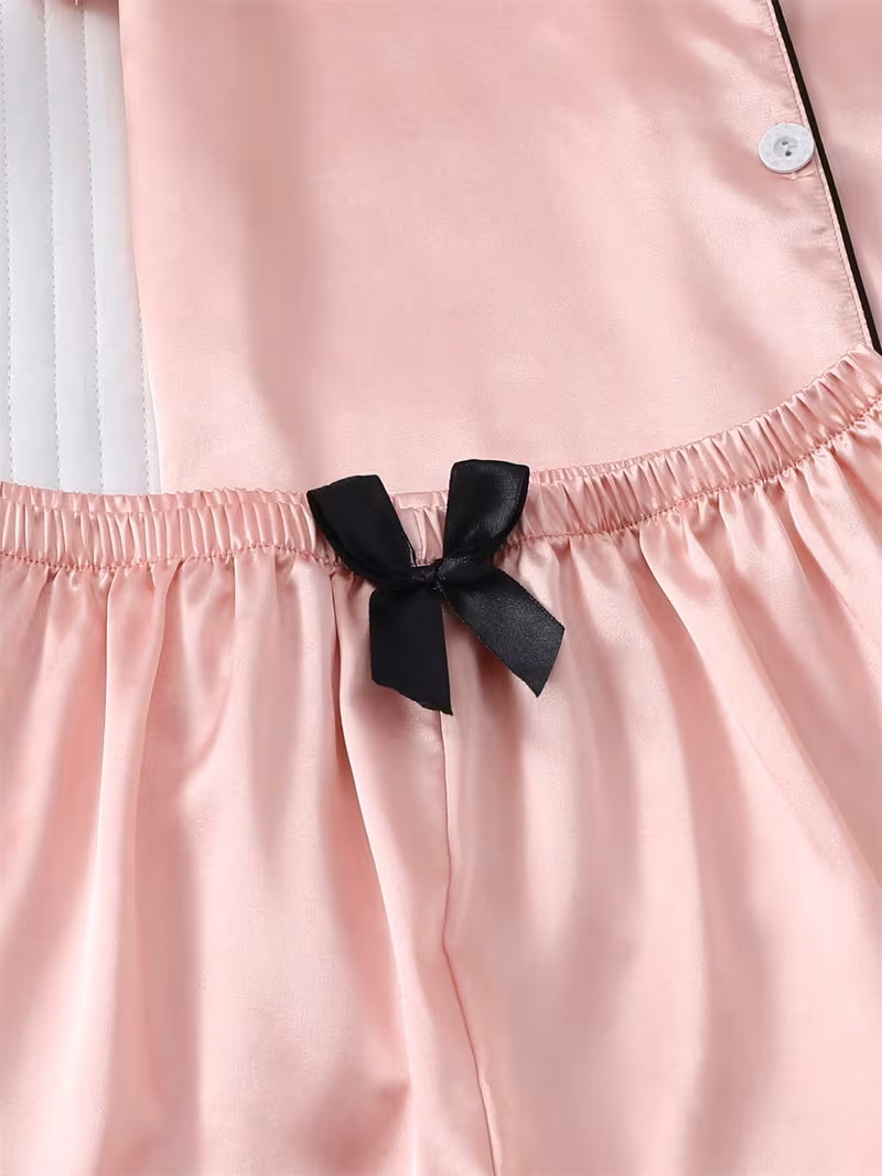 Pijama rosa de saten lazo negro - 5935