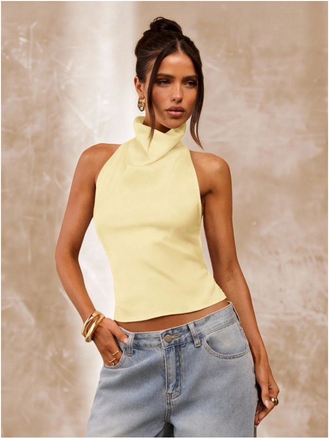 Crop top amarillo cuello alto espalda descubierta - 5949