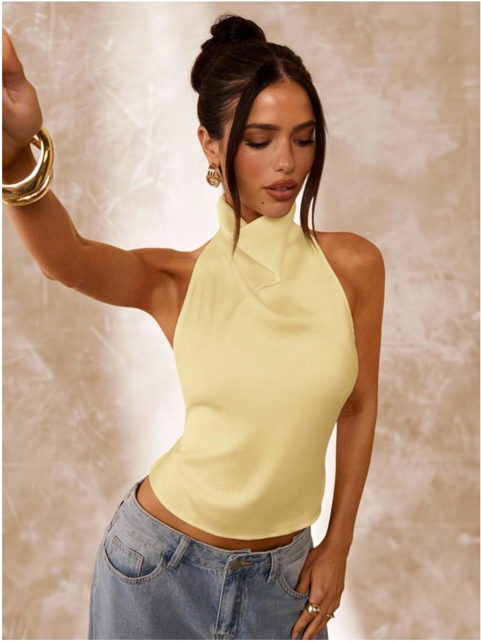 Crop top amarillo cuello alto espalda descubierta - 5949
