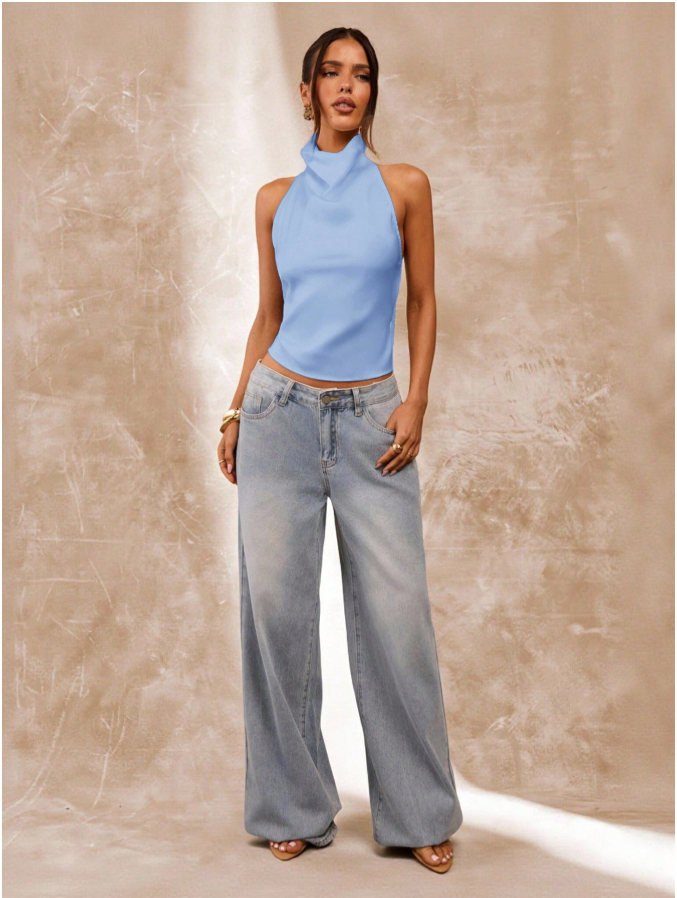 Crop top celeste cuello alto espalda descubierta - 5950