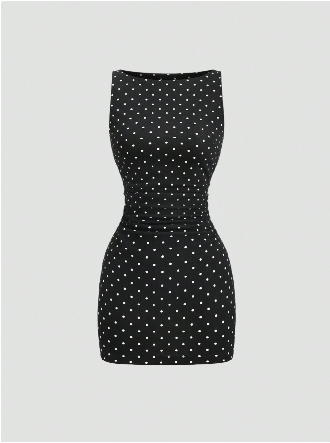 Vestido negro corto lunares blancos - 5952