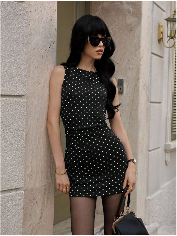 Vestido negro corto lunares blancos - 5952