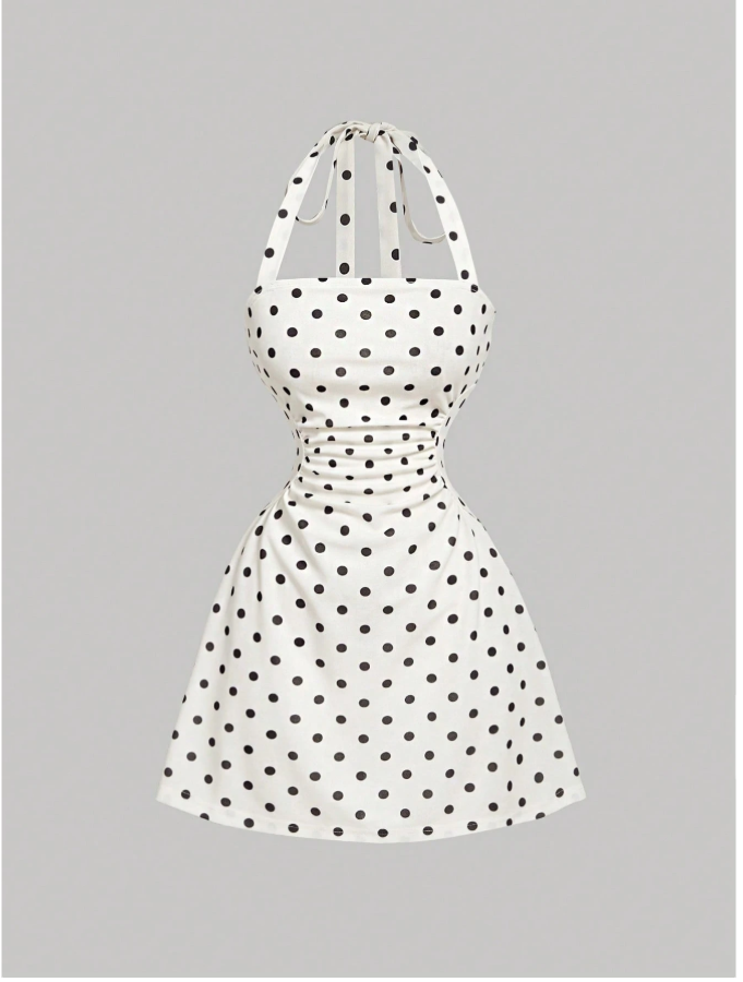 Vestido blanco lunares negros cuello halter - 5953