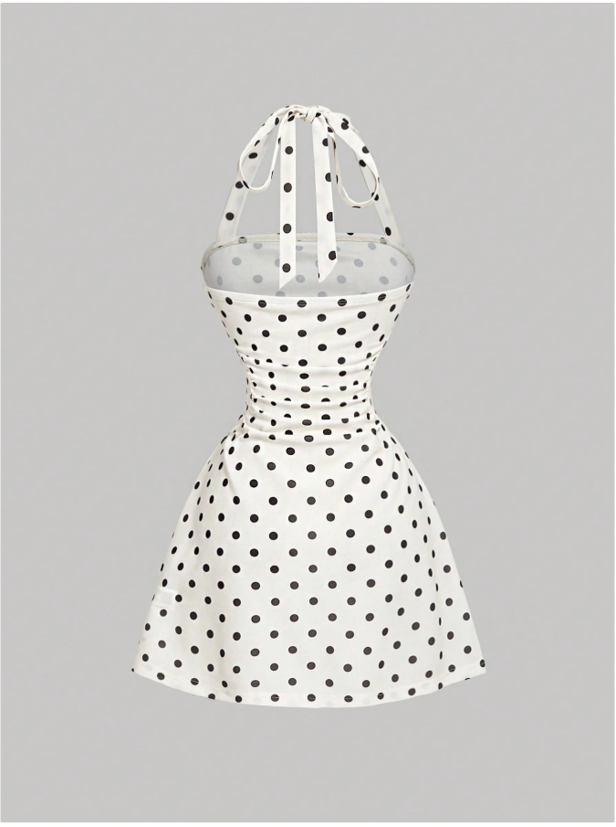 Vestido blanco lunares negros cuello halter - 5953