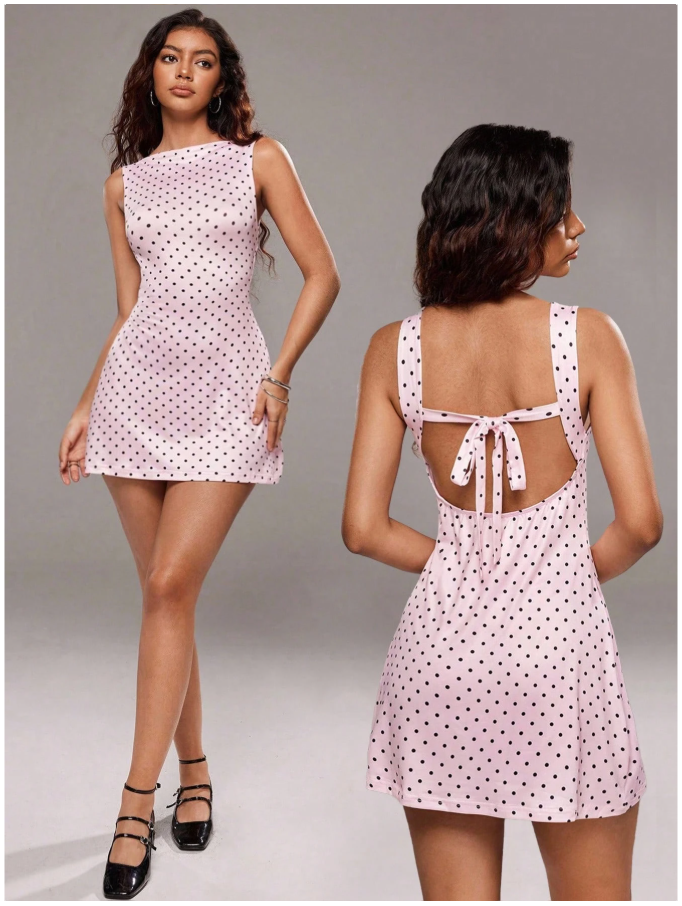 Vestido rosa lunares negros lazo en espalda - 5954